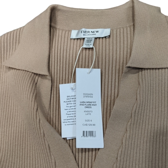 Ever New Lara Knit Dress In Latte Size 6 Collar Midi Belted V-neck Silky - Picture 12 of 14